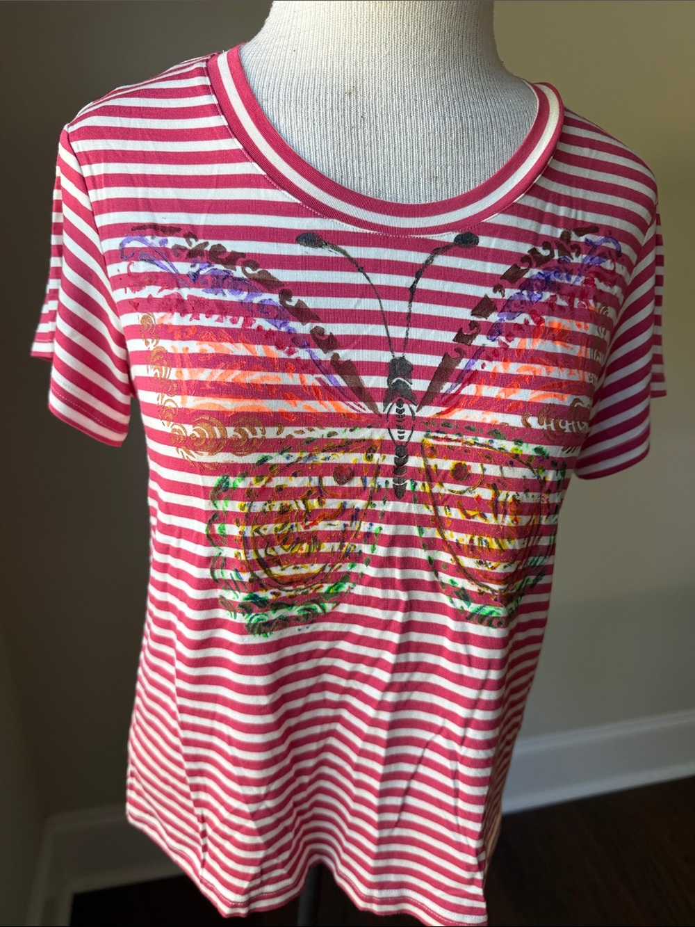 Splendid Pink and White Striped Butterfly Graphic Tee